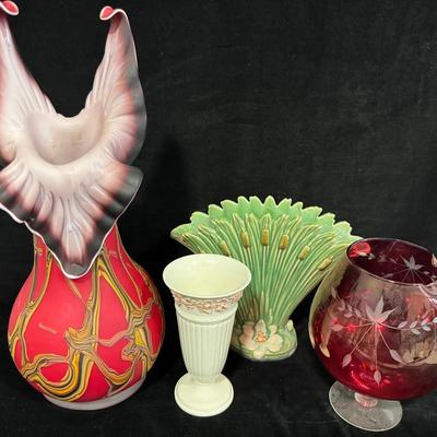 Antique & Vintage Vases – Loetz-Style Art Glass, Roseville Cattail, Wedgwood, and Ruby Etch