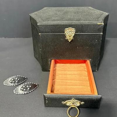 Vintage Jewelry Box with Drawer & Decorative Shoe Clips 