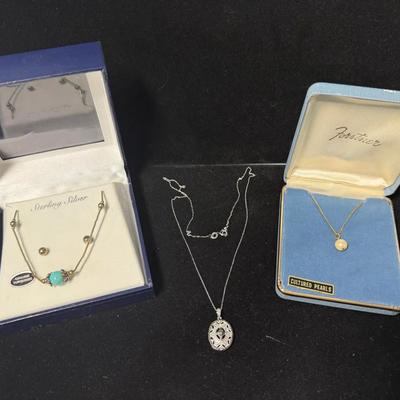 Lot of 3 Sterling Silver & Vintage Necklaces – Cultured Pearl, Genuine Turquoise & Filigree Pendant