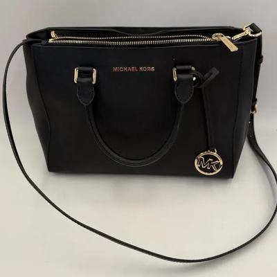 Authentic Michael Kors Black Saffiano Leather Satchel with Gold Hardware & Crossbody Strap