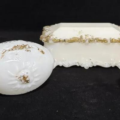Vintage Milk Glass Vanity Set with Gold Accents
