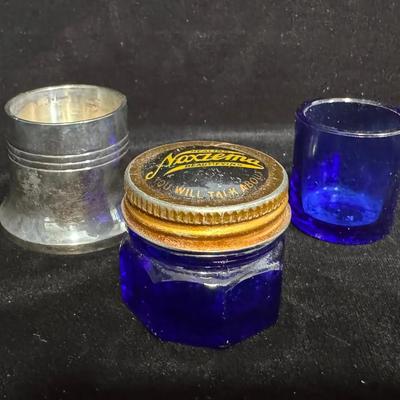 Vintage Noxzema Cobalt Blue Glass Jars & Metal Vanity Holders – Set of 3 (One with Lid)