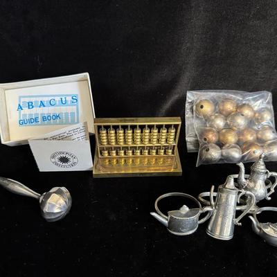 Vintage Collectibles – Brass Abacus, Silver Baby Rattle (1949), Pewter Napkin Rings & Antique Me