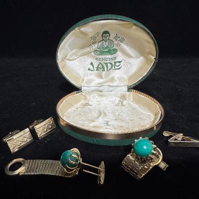 Vintage Genuine Jade Men’s Set – Cufflinks, Tie Bar & Keychain in Original Box 