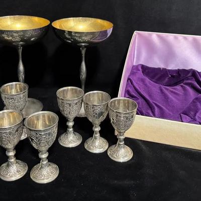 Vintage Japanese & Italian Silver Goblet Set with Box – Ornate Hand-Etched Floral Cups and Engraved