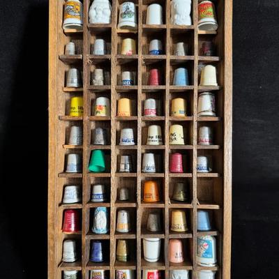 Vintage Thimble Collection in Wooden Display Case – 50+ Pieces, Mixed Materials