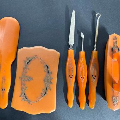 Vintage Celluloid Vanity & Manicure Set – Art Deco Amber Bakelite Style, 6 Pieces 
