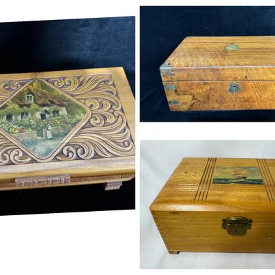 Vintage Wooden Box Trio – Heavy Brass-Bound Writing Slope, Nautical Ship Box & Cottage Scene Jewelry