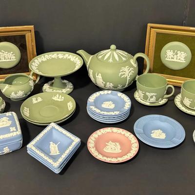 Large Collection of Wedgwood Jasperware – England – Green, Blue & Pink Pieces 