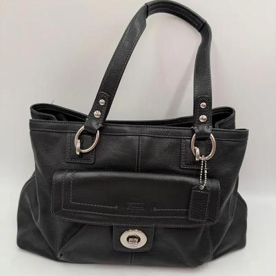Authentic Coach Black Pebbled Leather Shoulder Bag with Front Pocket & Silver Hardware