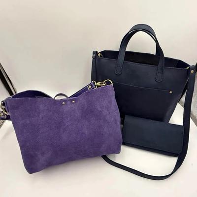Lot of 2 Portland Leather Goods Bags & Wallet – Navy Leather Tote, Purple Suede Crossbody, and Match