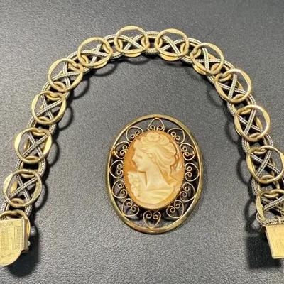 Cameo Brooch & Filigree Bracelet Set – Gold-Tone Design