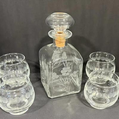 Georg Jensen Etched Glasses & Italian Etched Decanter Set – Elegant Vintage Barware