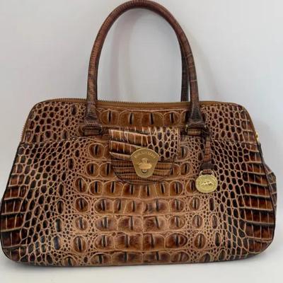 Brahmin Croc-Embossed Leather Satchel Handbag – Rich Chestnut Brown, Made in USA