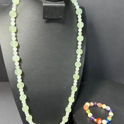 Beaded Jewelry Lot – Jade Dragon Head Necklace & Multicolor Gemstone Bracelet