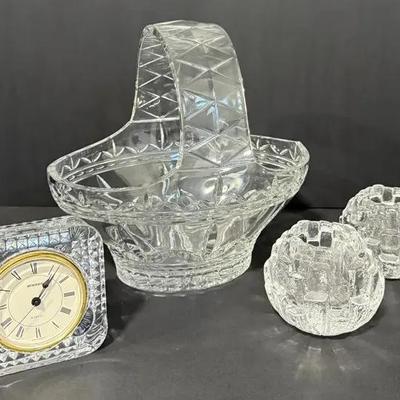 Waterford Crystal Basket, Kosta Boda Candle Holders & Staiger Clock – Elegant Crystal Lot