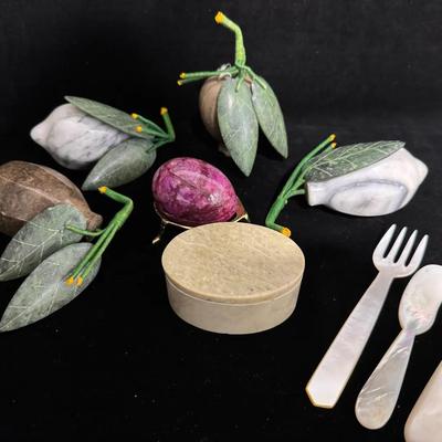 Carved Stone & Shell Collectibles – Marble Fruit, Soapstone Box, Gemstone Egg, and Mother of Pearl
