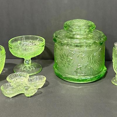 Vintage Vaseline / Uranium Glass Collection – Lidded Jar, Salt & Pepper, and More
