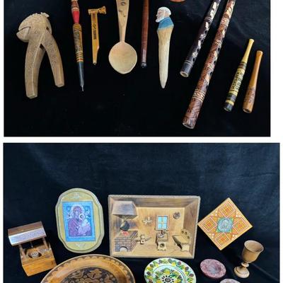 Folk Art Wood Collection – Large Handcrafted Vintage 22 Pieces – Carpathian / Eastern European Carvi