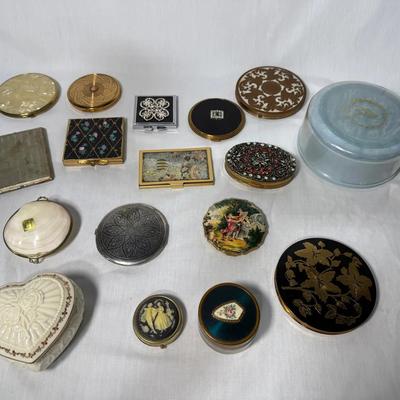 Lot of 17 Vintage & Antique Powder Compacts & Trinket Boxes – Enamel, Mother of Pearl, Ceramic, & Me