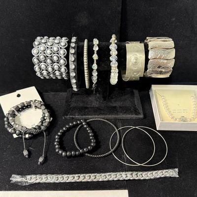 Lot of 14 Fashion Bracelets & Bangles – Silver-Tone, Rhinestone, Beaded & Pearl Styles