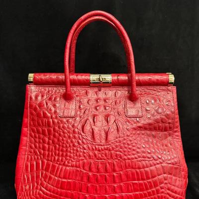 Stunning Red Genuine Italian Leather Crocodile-Embossed Handbag with Gold Hardware
