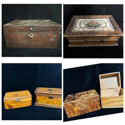 Vintage Wooden Box Collection – 6 Assorted Keepsake, Jewelry & Recipe Boxes 