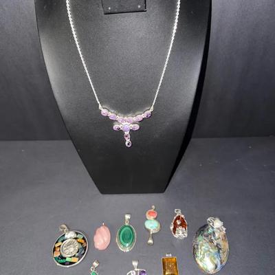 Sterling Silver & Semi-Precious Gemstone Jewelry Lot – Amethyst Necklace & 9 Pendants