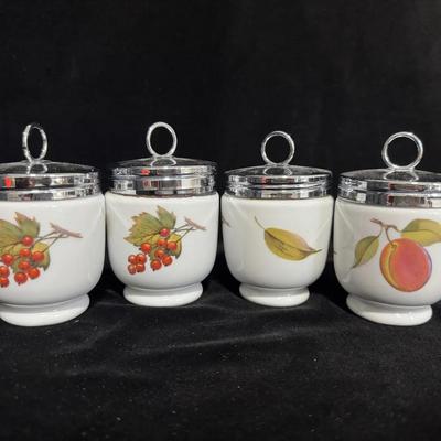 Set of 4 Vintage Royal Worcester Porcelain Egg Coddlers – “Evesham” Pattern (Mixed Fruits and Berrie