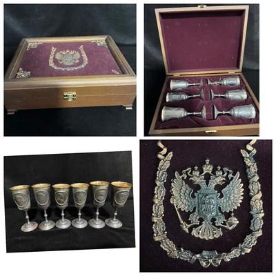Antique Russian Imperial Pewter Goblet Set in Velvet-Lined Wooden Display Case