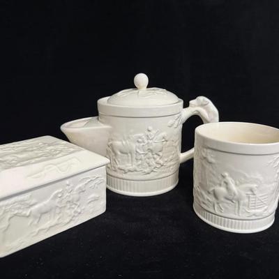 Wedgwood “Hunting Scene” Relief White on White Jasperware Tea Set Trio – Teapot, Mug, and Lidded Box