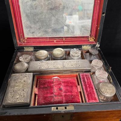 Antique Victorian Mahogany Vanity/Dressing Box with Sterling Silver & Glass Fittings