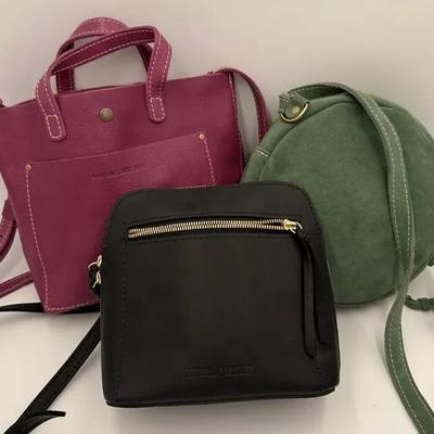Lot of 3 Portland Leather Goods Purses – Genuine Leather Crossbody & Tote Bags in Plum, Black, and S