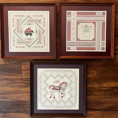 3-framed Needlepoint Pieces 19” X 19”