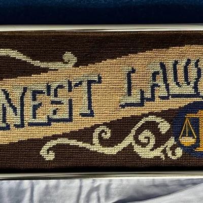 Hand Needlepoint “Honest Lawyer” Framed Art