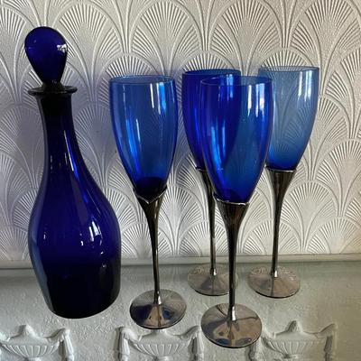 Cobalt Blue Champagne Flutes & Wine Decanter