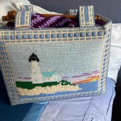 CNeedleooint Bag With Unfinished Knitting Projects Indude