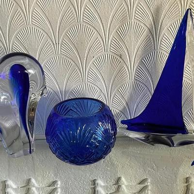Murano Glass Elephant And Other Cobalt Blue Glass Items