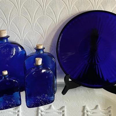 Cobalt Blue Glass Platter & Varied Sized Bottles
