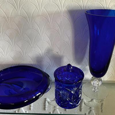 Kosta Boda "Atoll" art glass bowl, Cobalt Vase & Cut Glass Jar