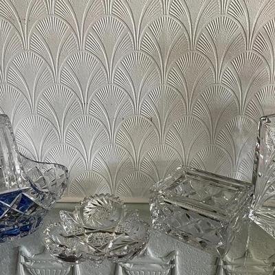 Cut Crystal Decanter, Box, Basket And Small Tray