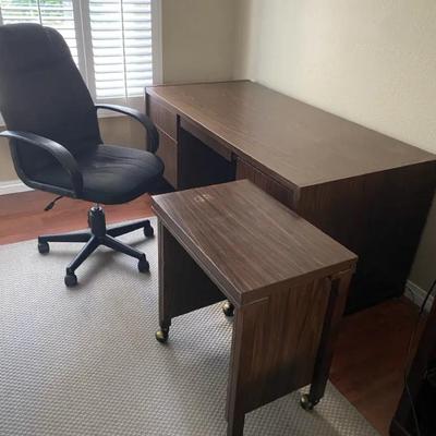 Particle Board Office Desk, Computer Chair, & Small Rolling Desk/ Side Table