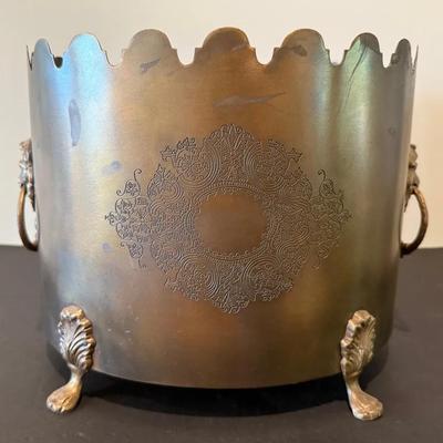 Ornate Brass Planter With Lion’s Head Handles & Embossed Scrollwork