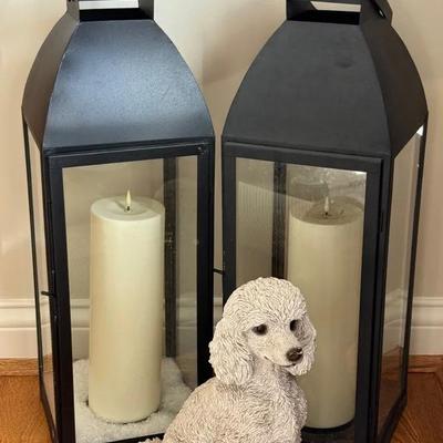 Smith & Hawken Outdoor Lanterns (2) Plus Resin Poodle Statue