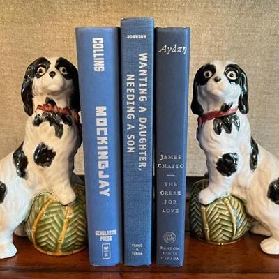 Porcelain Spaniel Bookends with Blue Hardcover Books