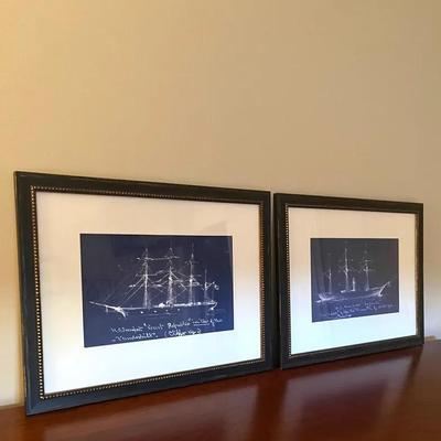 Ships at Sea II and III Blueprint Style Framed Nautical Prints