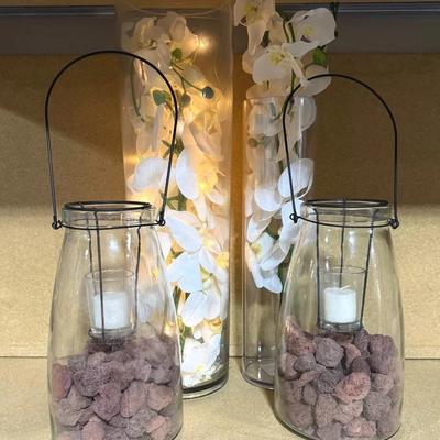 Decorative Glass Lanterns with Faux Orchids & Volcanic Style Rocks