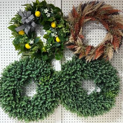 Four (4) Larger Decorative Wreaths W/ Handmade & Frontgate Faux Greenery