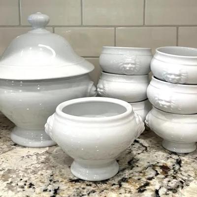 French Apilco Porcelain Tureen and Sur La Table Bowls
