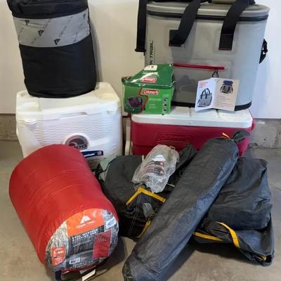 Camping Supplies With Coolers, Sleeping Bags, Tent